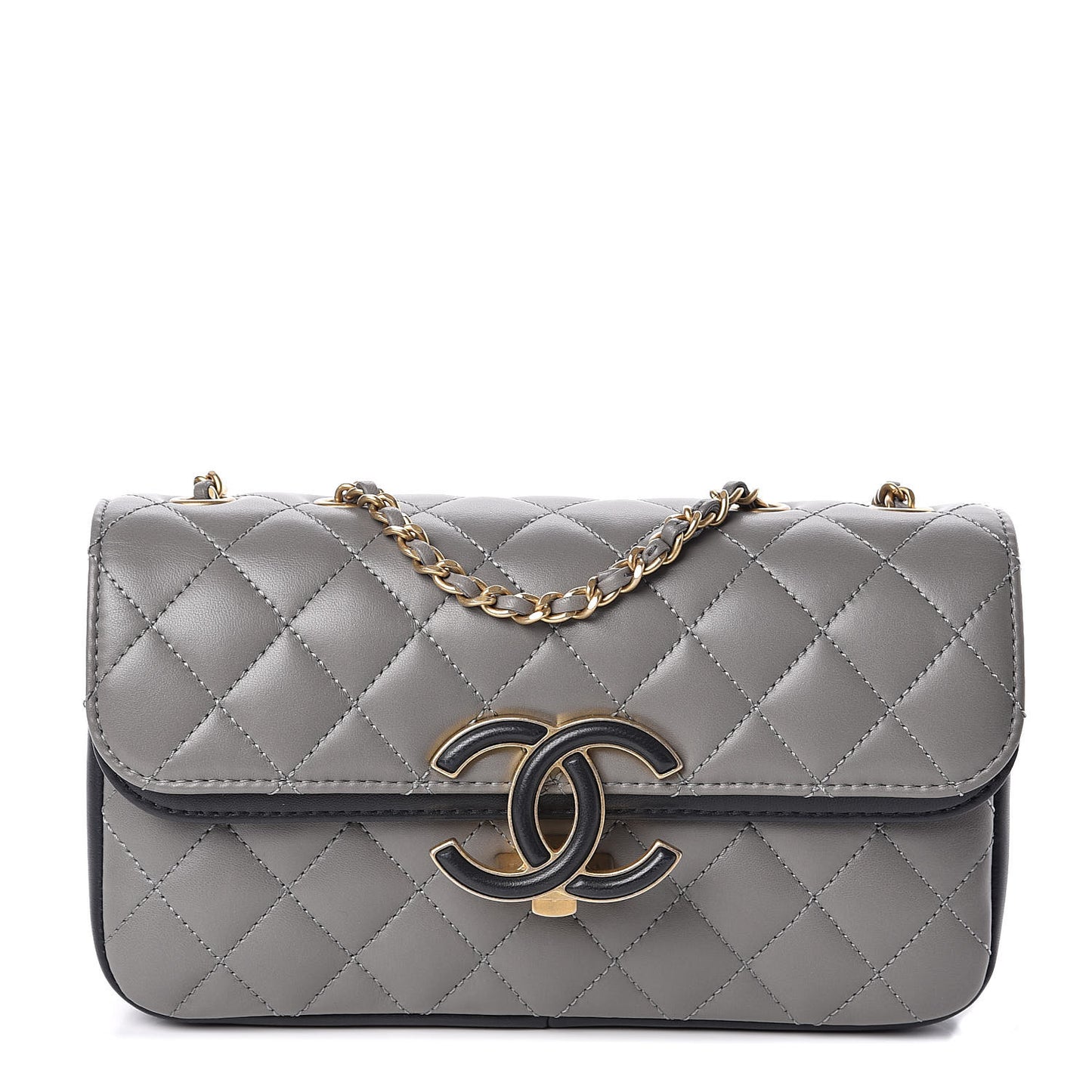 Lambskin Quilted Small Enamel CC Flap Grey Dark Navy