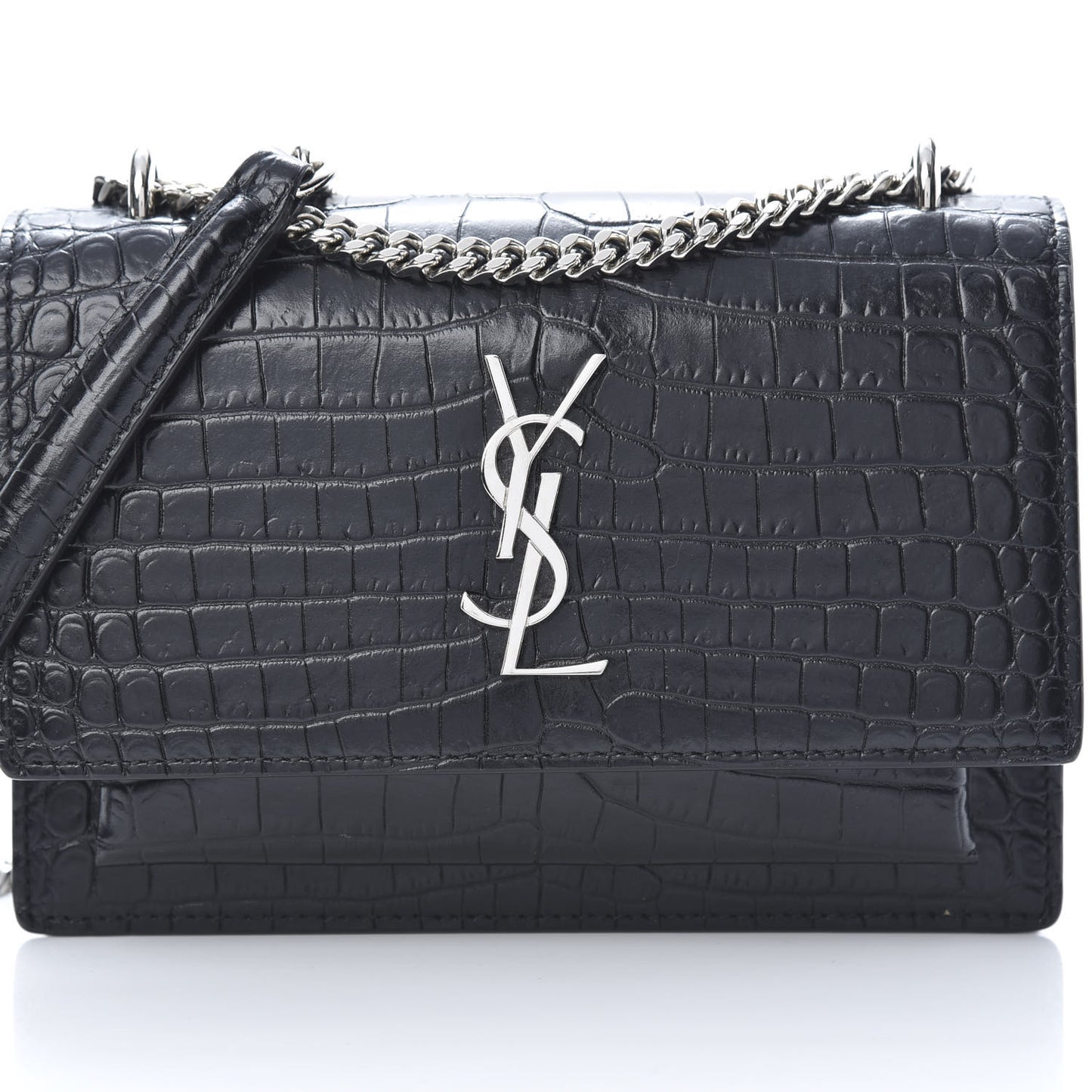 Calfskin Crocodile Embossed Monogram Sunset Chain Wallet Black