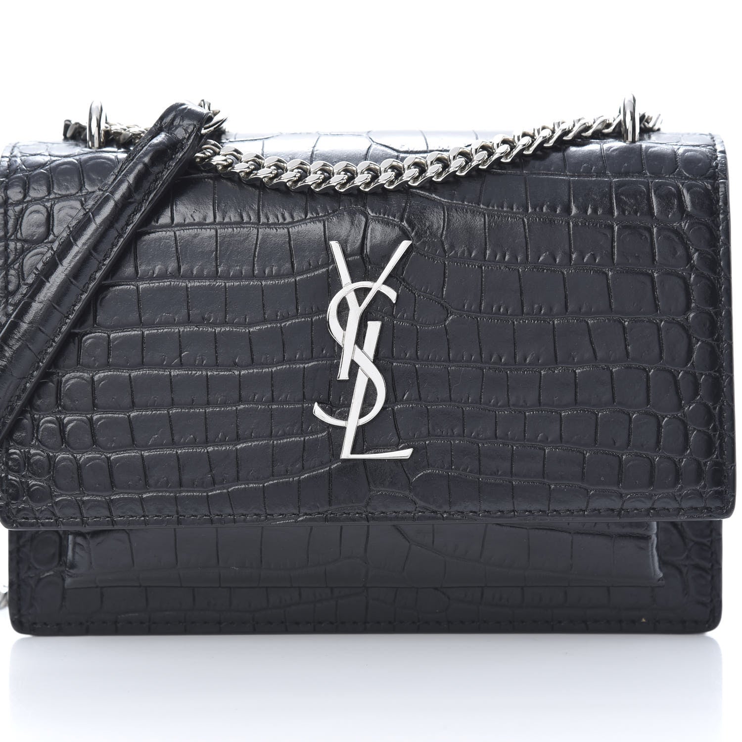 Saint Laurent Calfskin Crocodile Embossed Monogram Sunset Chain Wallet Black 8 of 13
