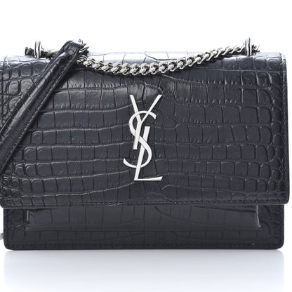 Saint Laurent Calfskin Crocodile Embossed Monogram Sunset Chain Wallet Black 8 of 13