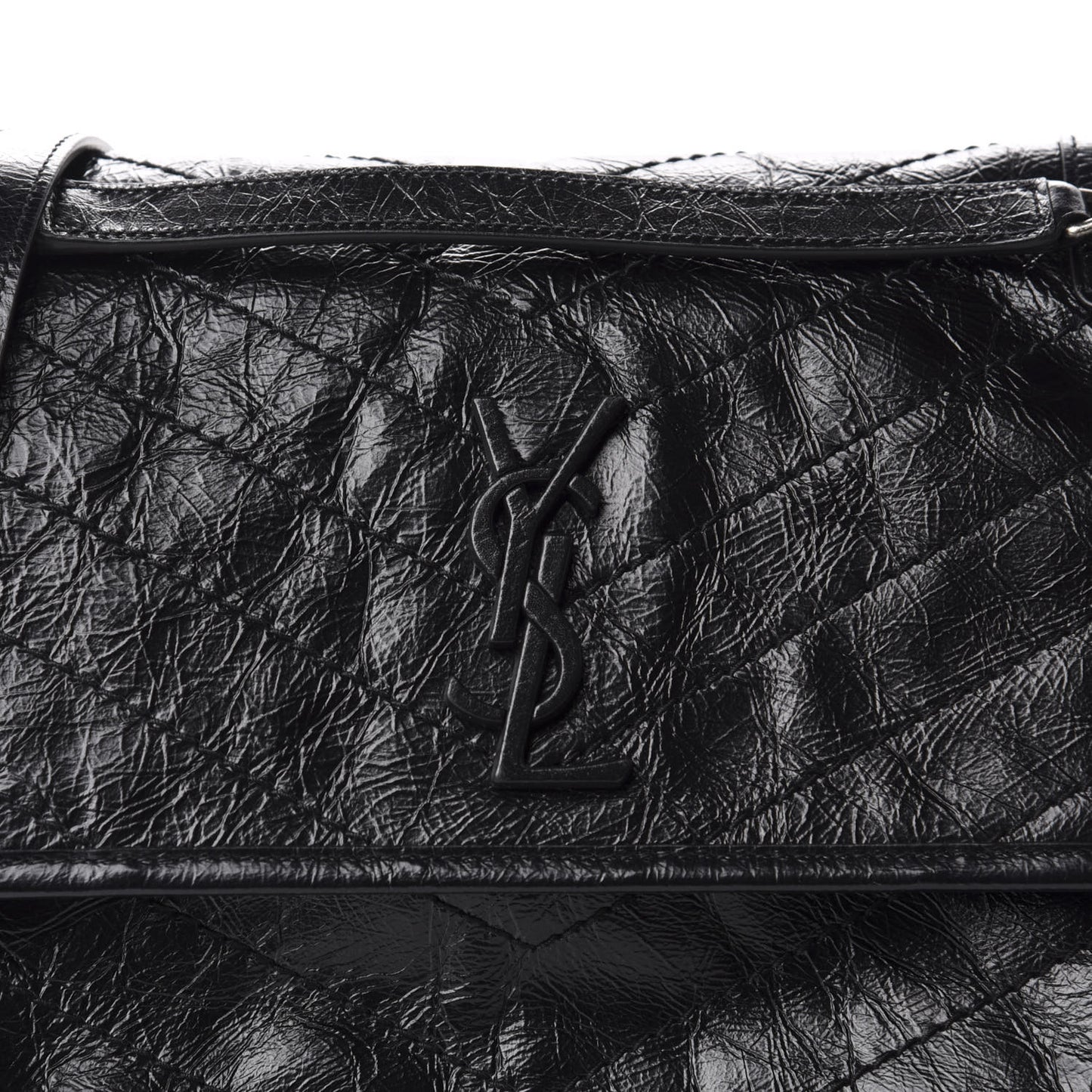 Crinkled Calfskin Matelasse Monogram Medium Niki Chain Satchel Black