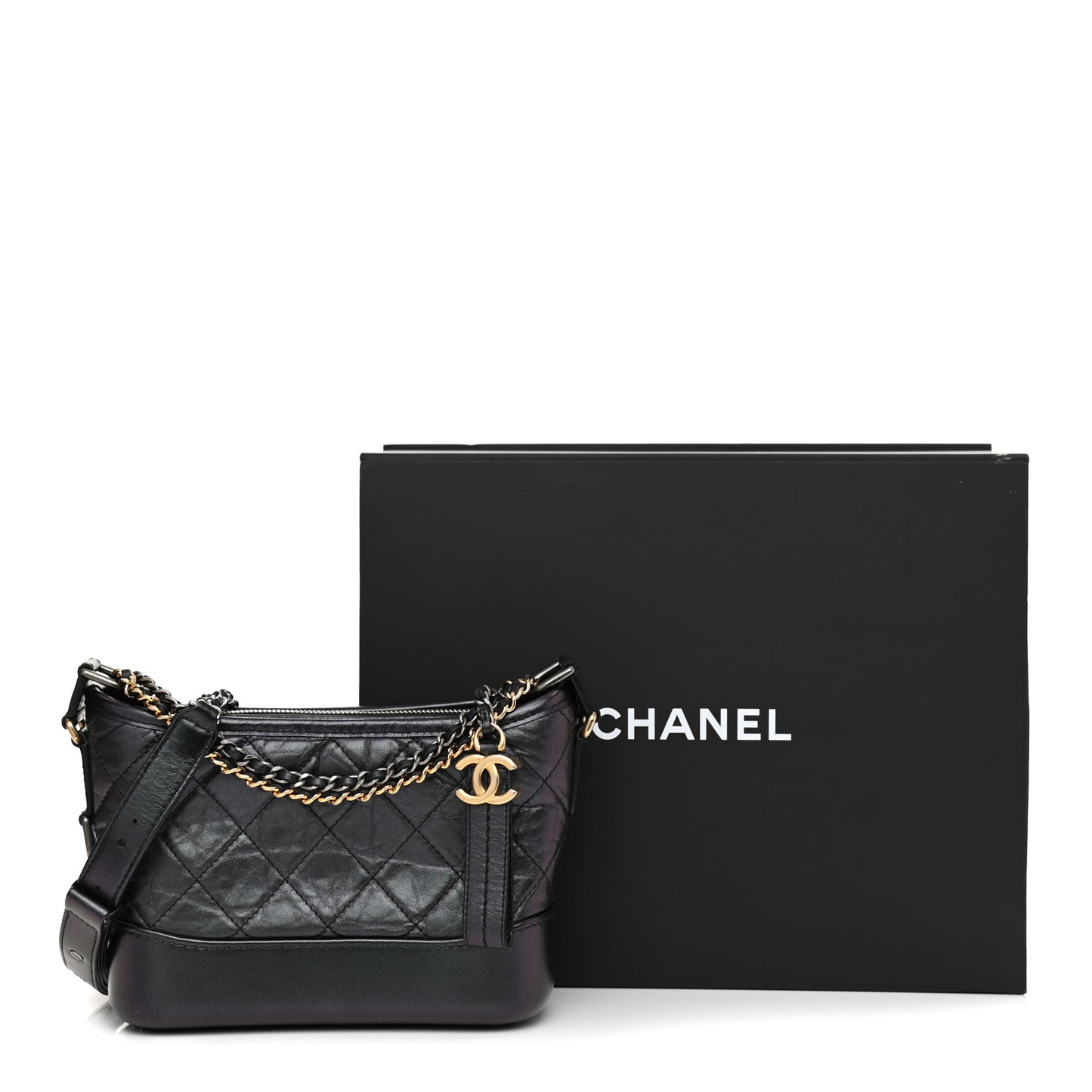 Iridescent Aged Calfskin Quilted Small Gabrielle Hobo Black