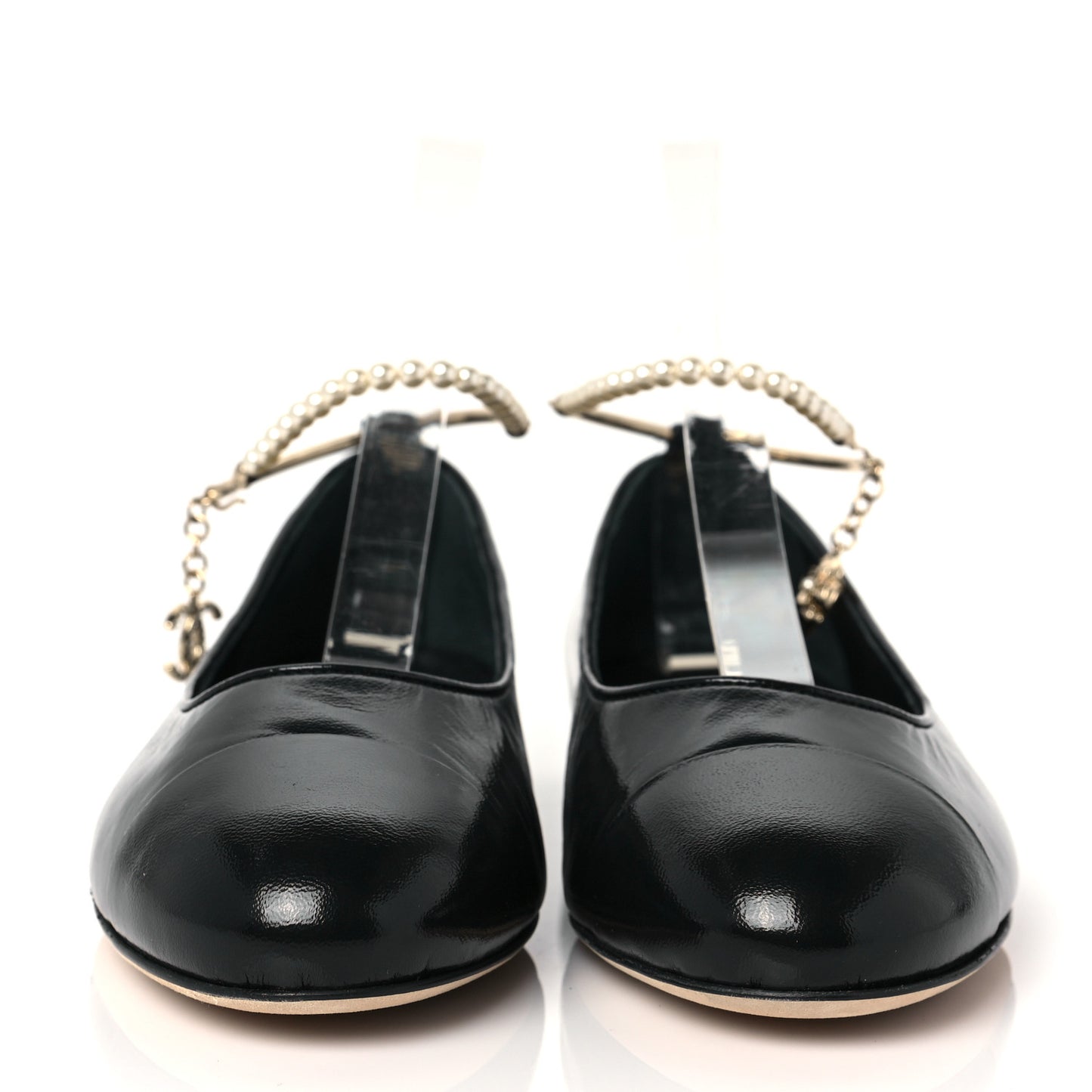 Lambskin Patent Calfskin Cap Toe Ankle Chain Ballerina Flats 39 Black