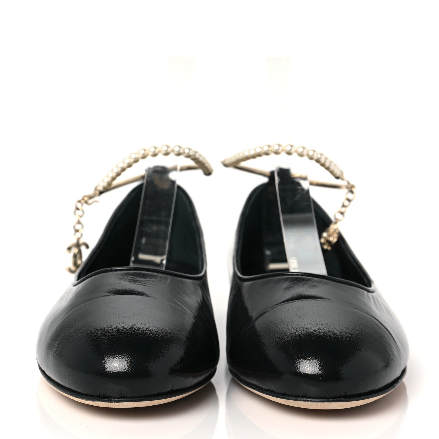 Chanel Lambskin Patent Calfskin Cap Toe Ankle Chain Ballerina Flats 39 Black 2 of 8