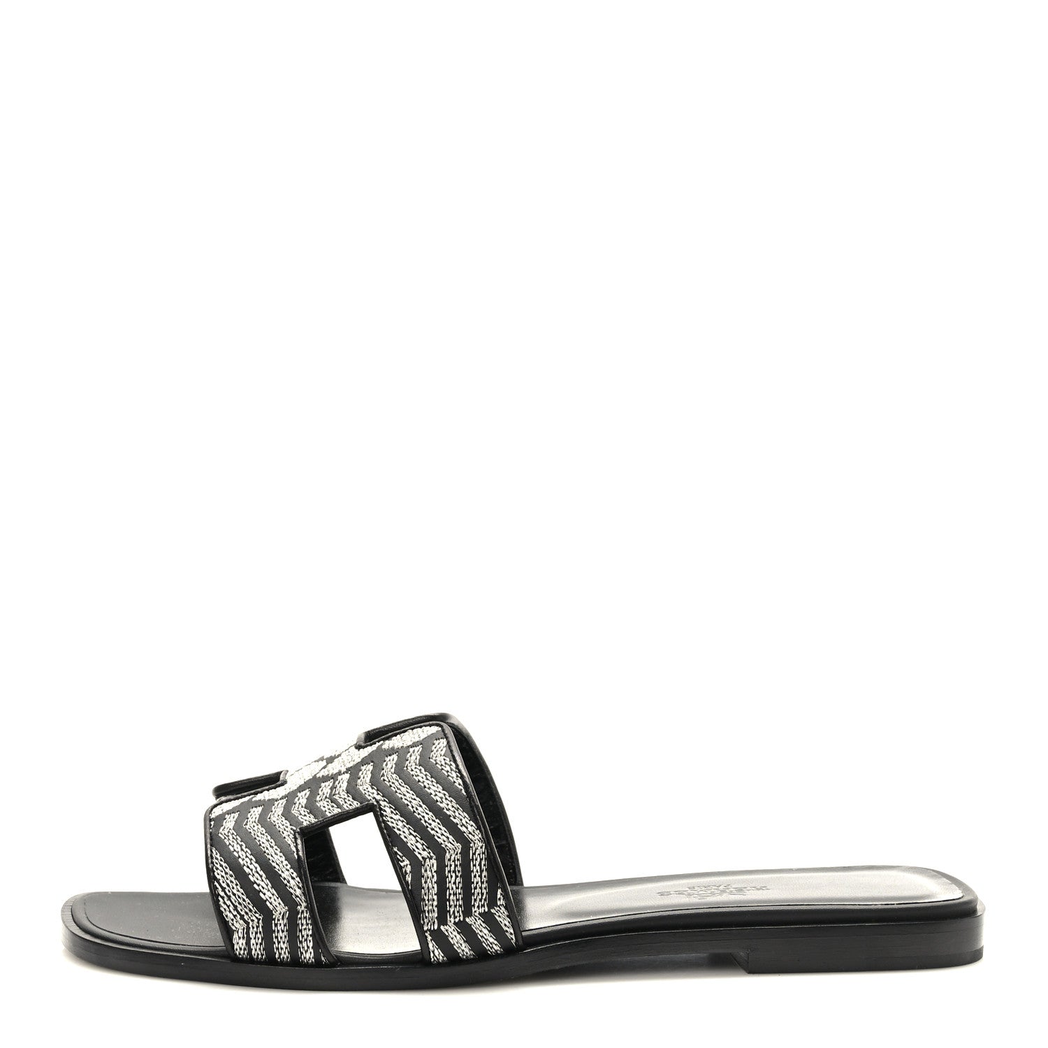 Hermes Calfskin Embroidered Oran Sandals 37.5 Black Gris Argente 1 of 9