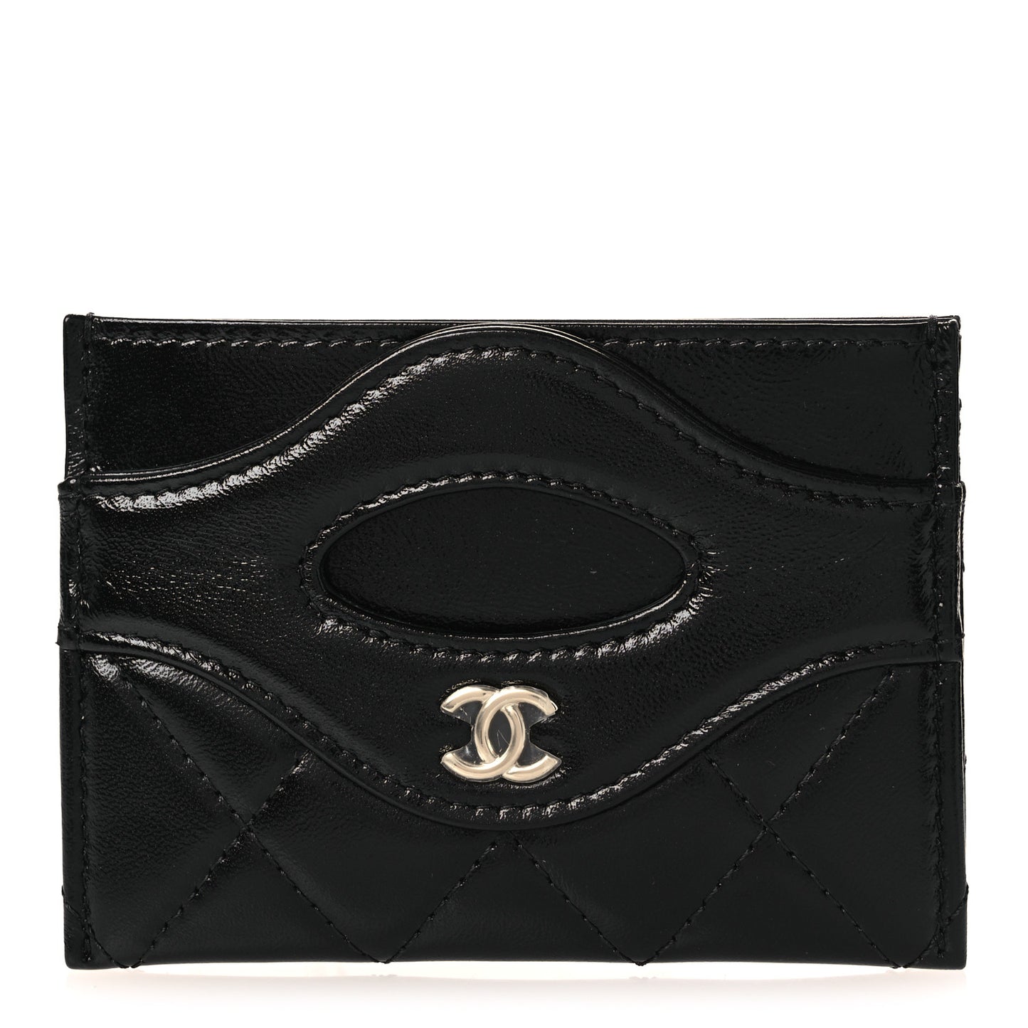 Shiny Crumpled Calfskin Quilted 31 Card Holder Black