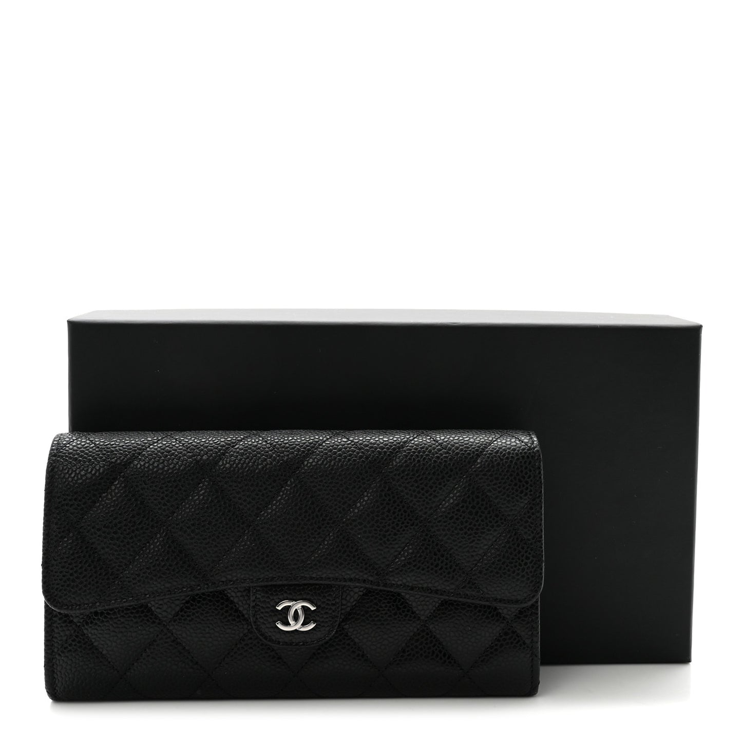 Caviar Quilted Large Gusset Flap Wallet Black