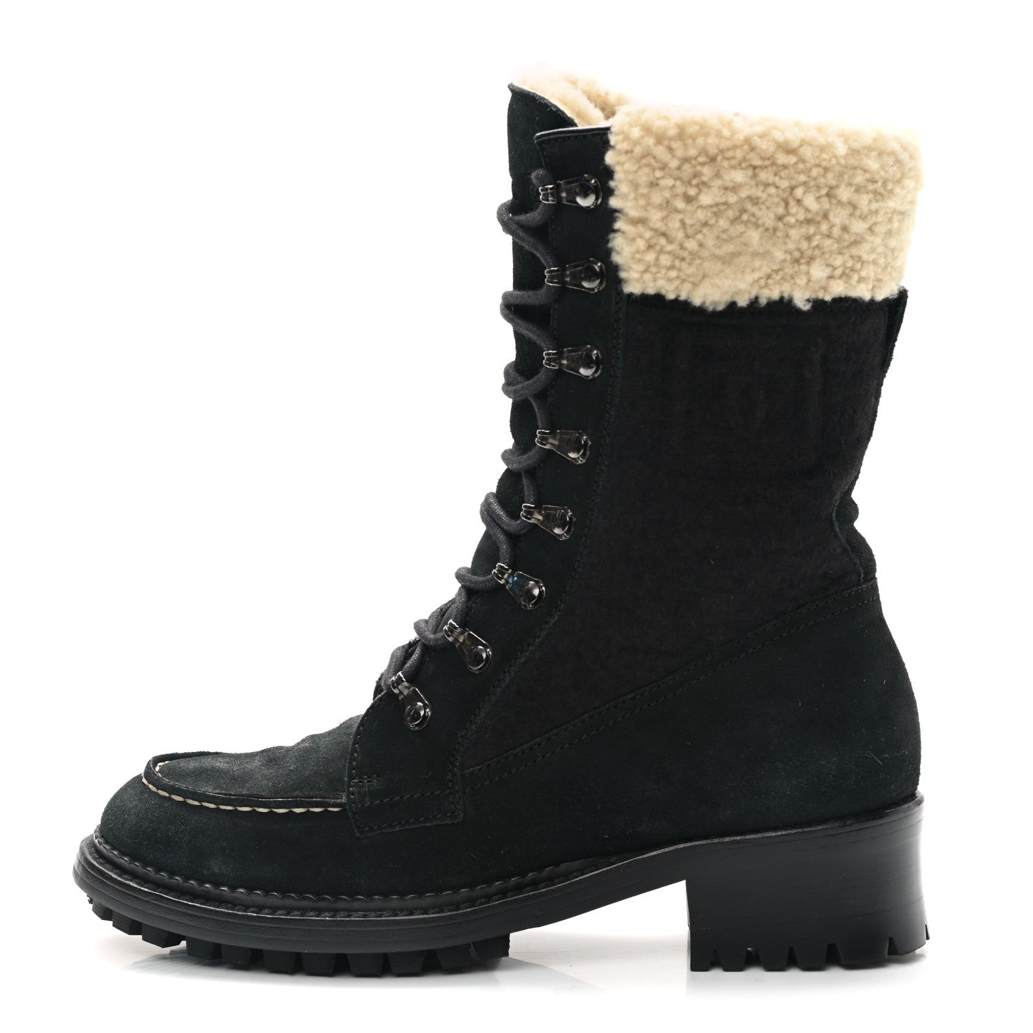 Chanel Suede Shearling CC Lace Up Combat Boots 36.5 Black 1 of 8