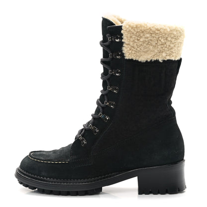 Chanel Suede Shearling CC Lace Up Combat Boots 36.5 Black 1 of 8