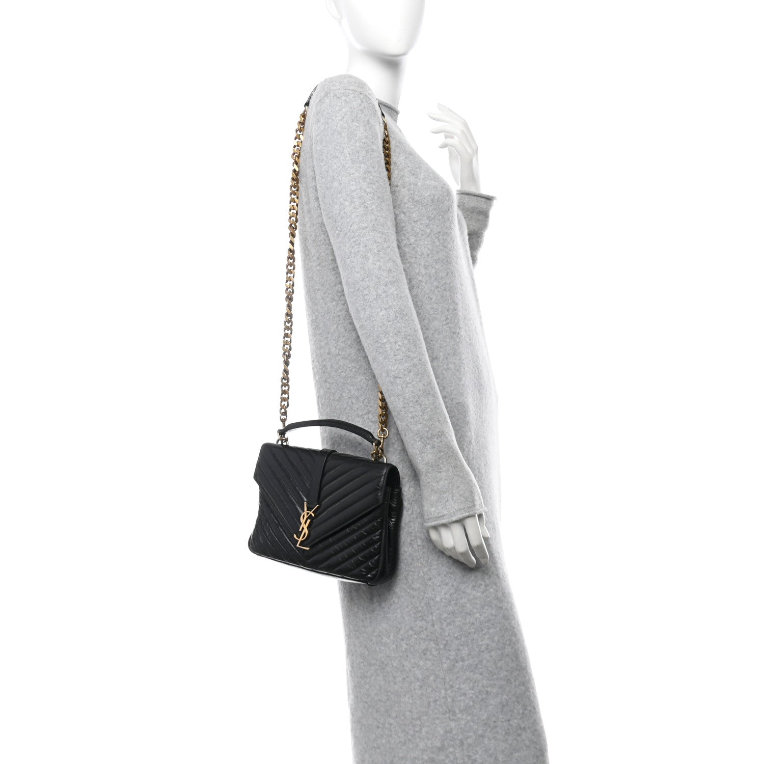 Saint Laurent Cracked Shiny Calfskin Matelasse Chevron Monogram Medium College Bag Black 2 of 10