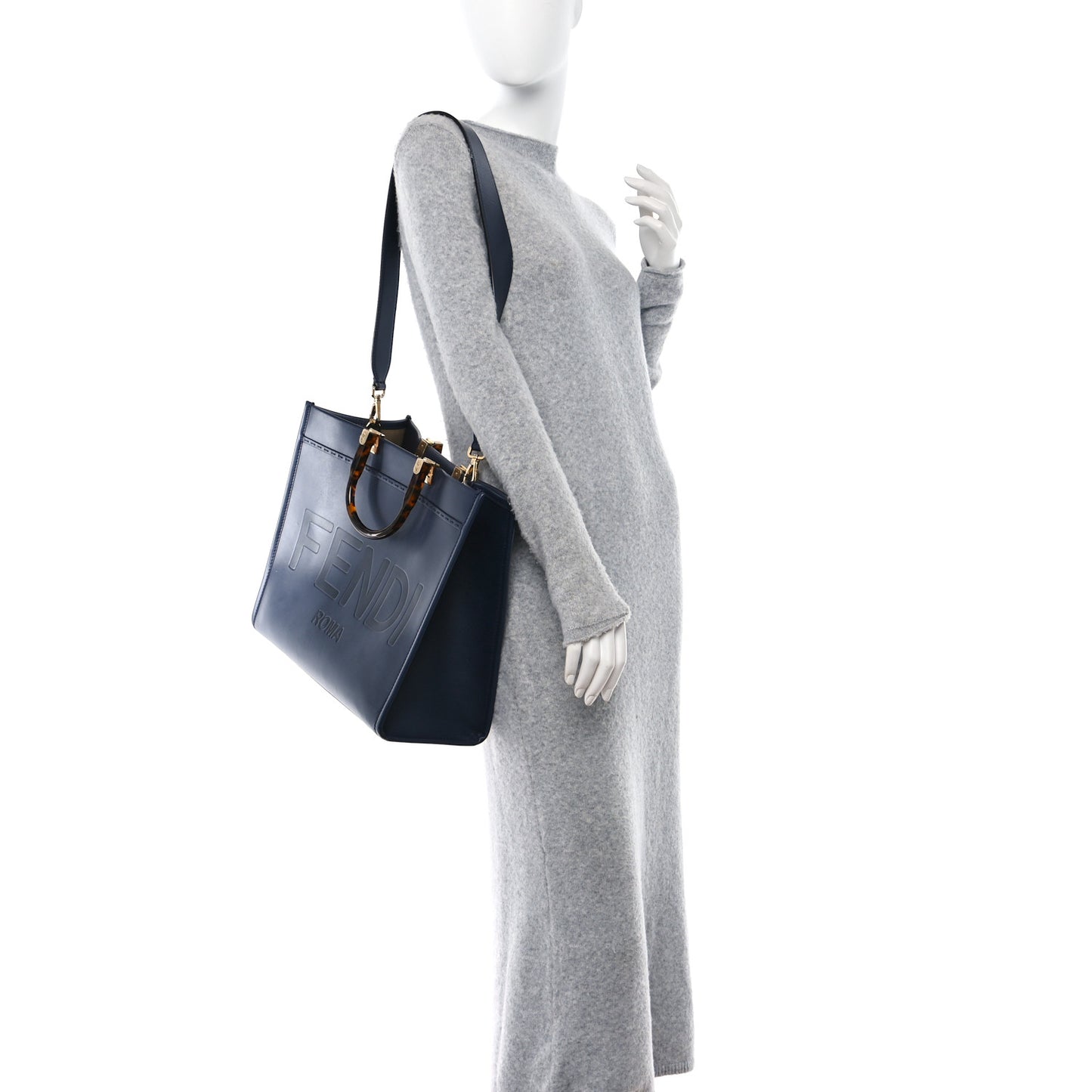 Vitello King Plexiglass Logo Embossed Medium Fendi Sunshine Shopper Tote Midnight