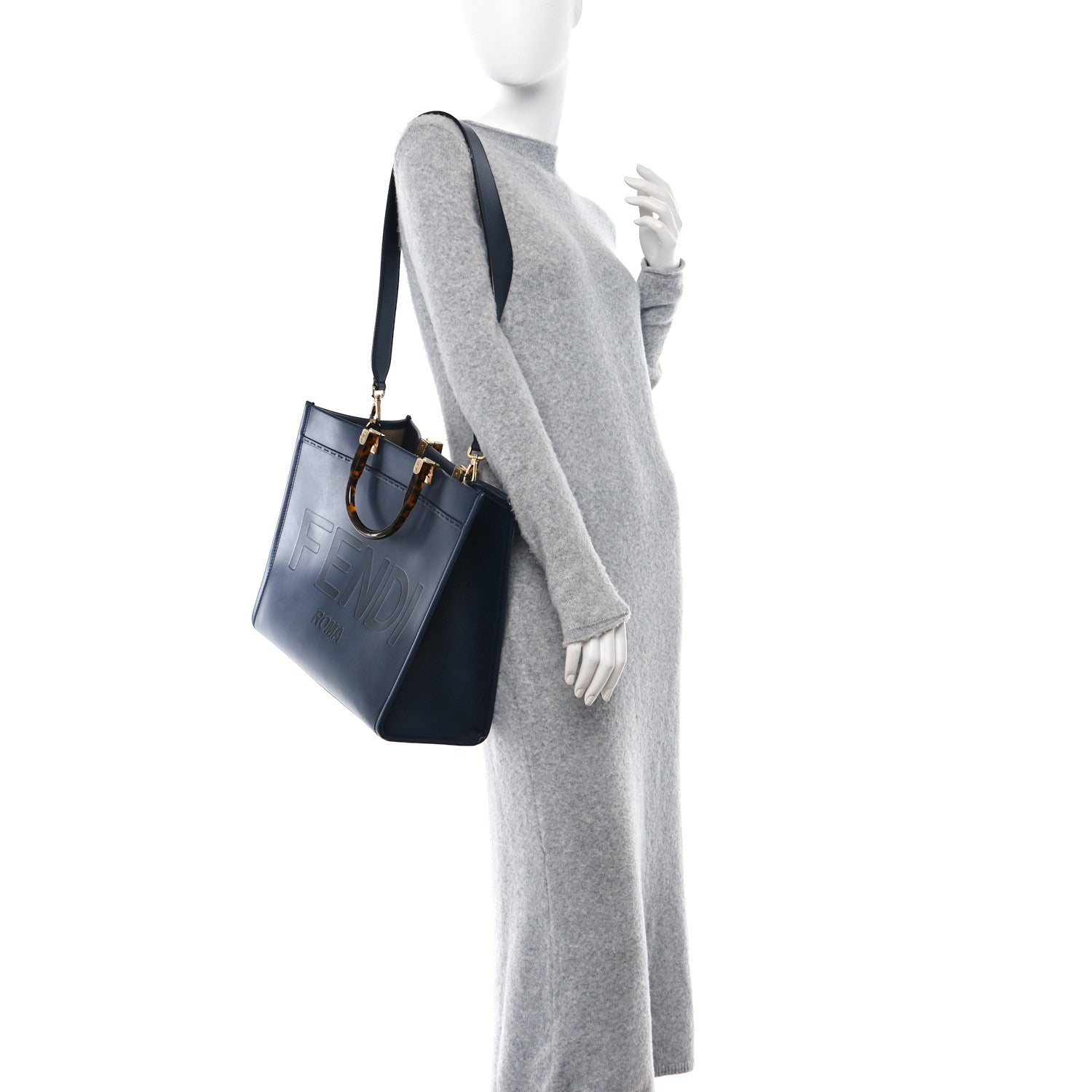 Fendi Vitello King Plexiglass Logo Embossed Medium Fendi Sunshine Shopper Tote Midnight 2 of 10