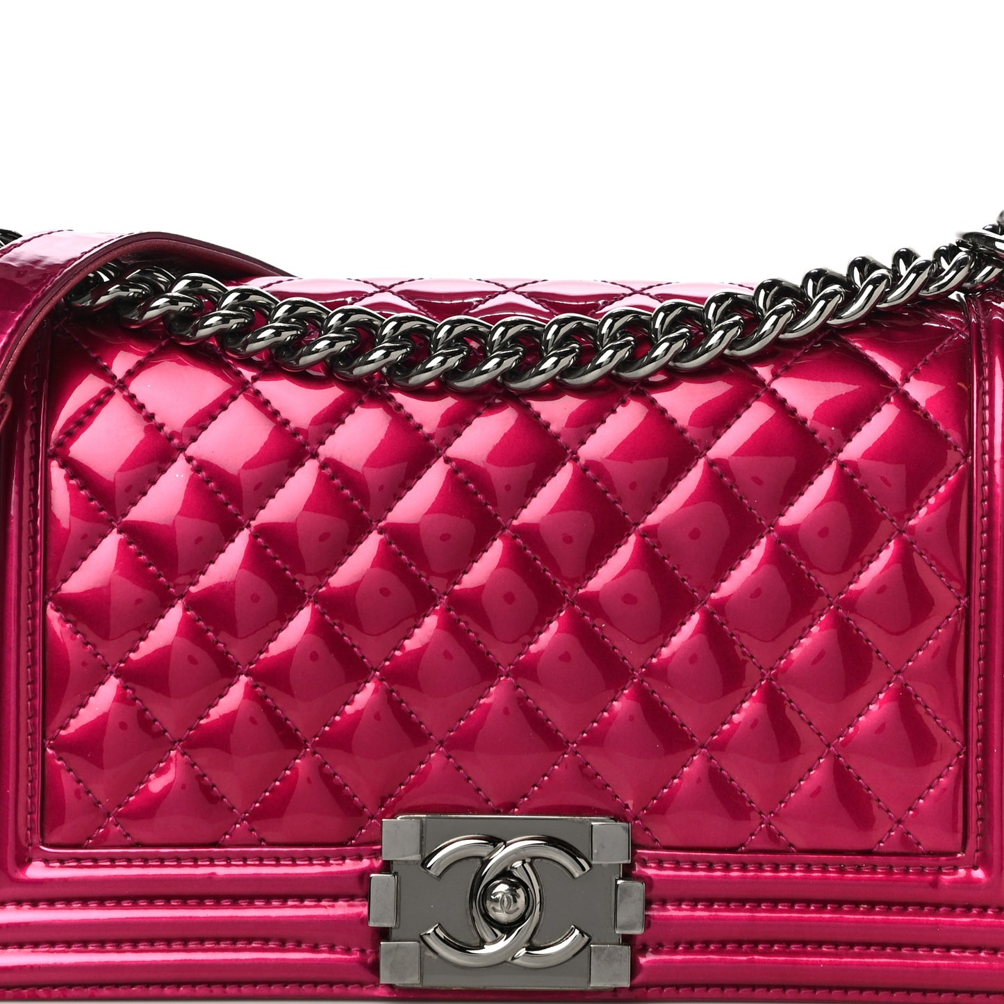 Metallic Patent Calfskin Quilted Medium Boy Flap Pink
