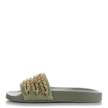 Chanel Lambskin Canvas Chain Flat Sandals 39 Green 1 of 8