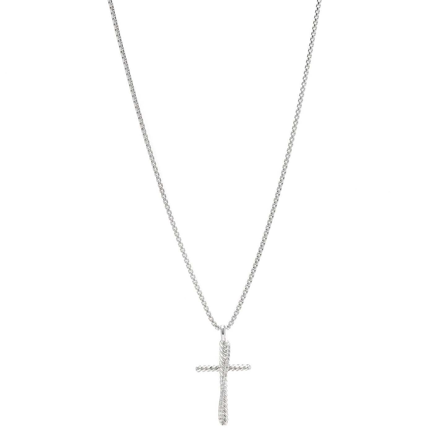 Sterling Silver 14K White Gold Diamond 35mm Crossover Cross Necklace
