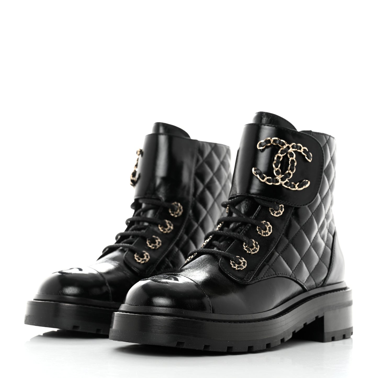 Shiny Calfskin Quilted Lace Up Combat Boots 36 Black