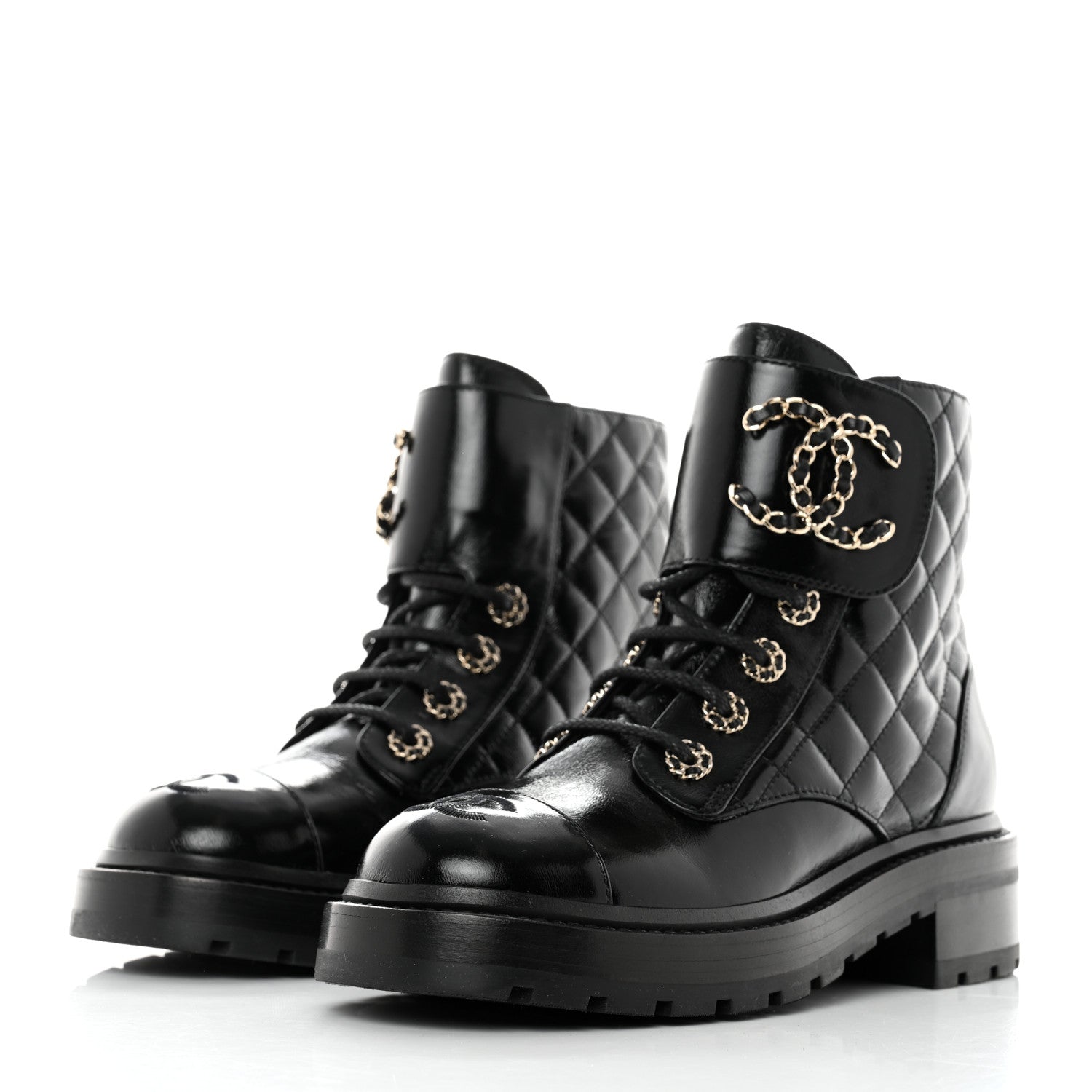 Chanel Shiny Calfskin Quilted Lace Up Combat Boots 36 Black 3 of 9