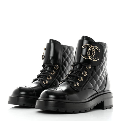 Chanel Shiny Calfskin Quilted Lace Up Combat Boots 36 Black 3 of 9