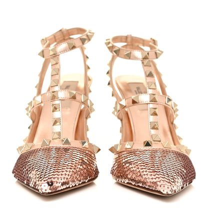 Valentino Garavani Metallic Nappa Sequin Liquid Metal Rockstud Ankle Strap Pumps 38.5 Rame Poudre 2 of 12