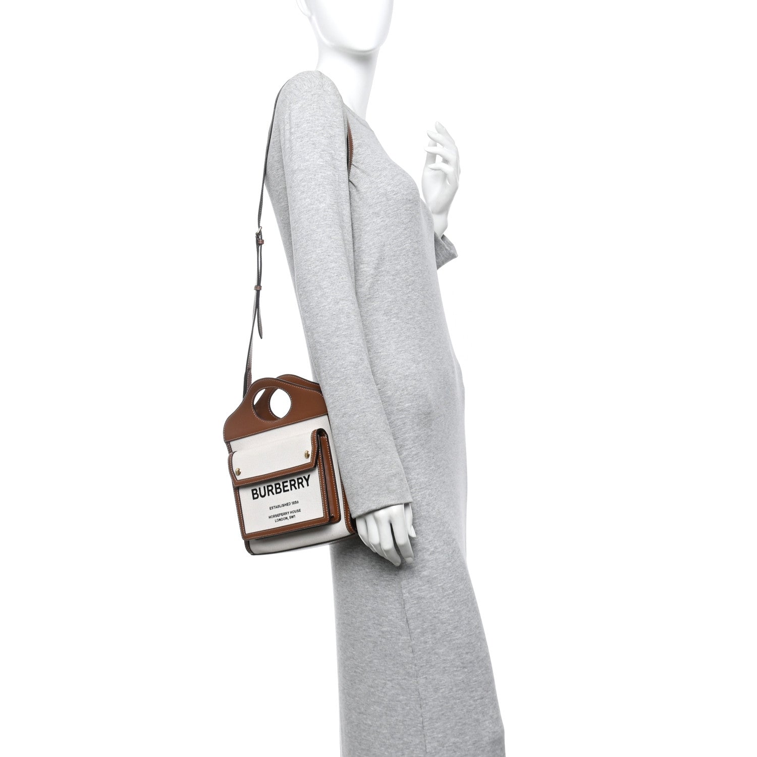 Burberry Canvas Smooth Calfskin Two Tone Mini Pocket Bag Natural Malt Brown 2 of 11