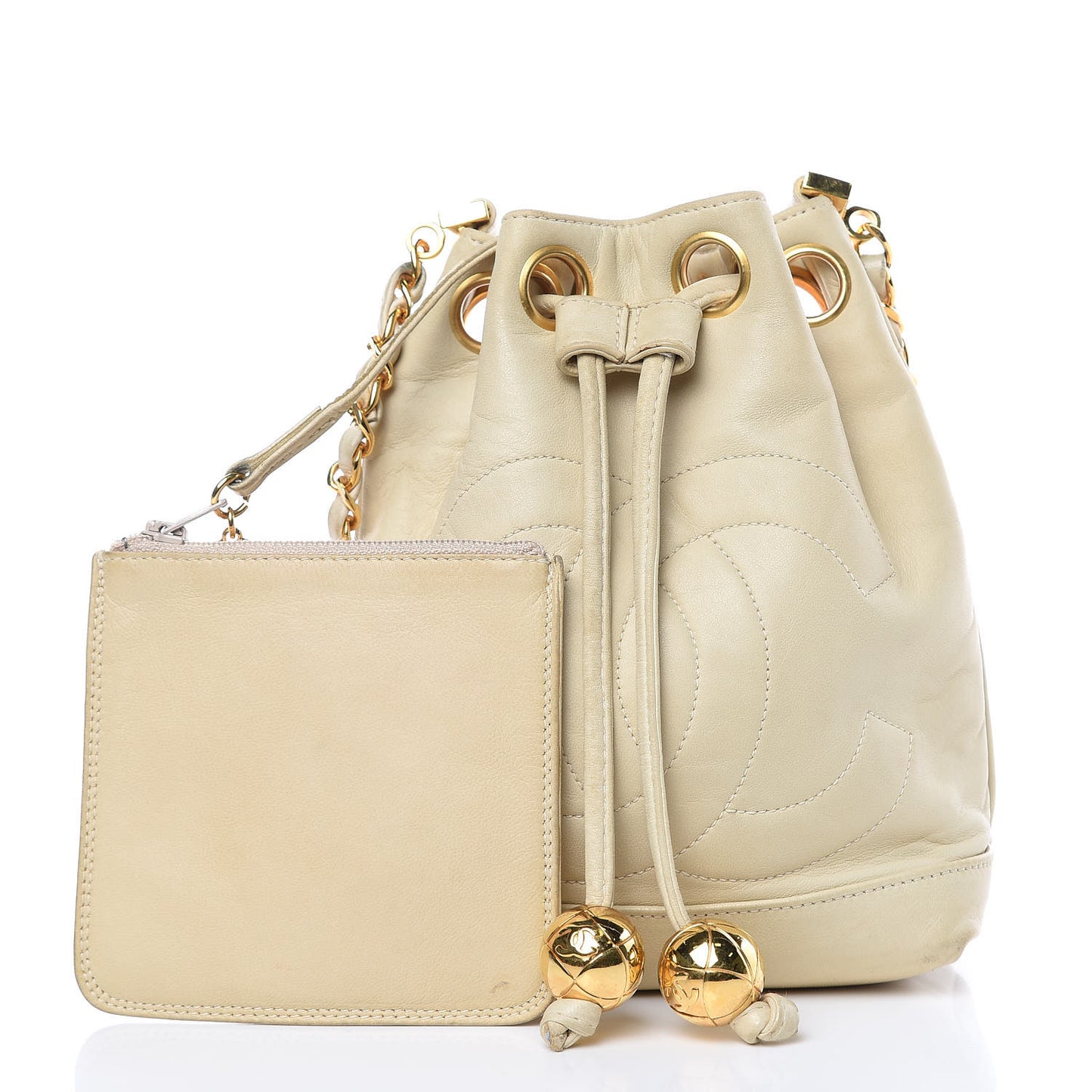 Lambskin Mini CC Drawstring Bag Beige Clair