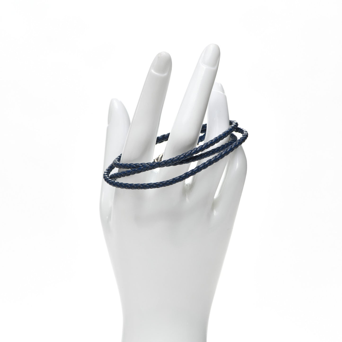 Sterling Silver Leather Mens Chevron Triple-Wrap Bracelet Navy