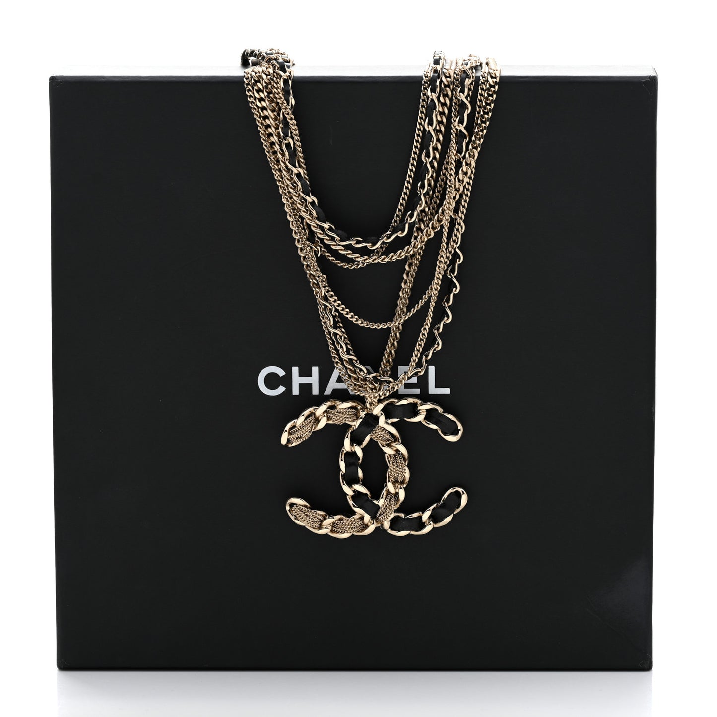 Lambskin Chain CC Multi Strand Necklace Gold Black