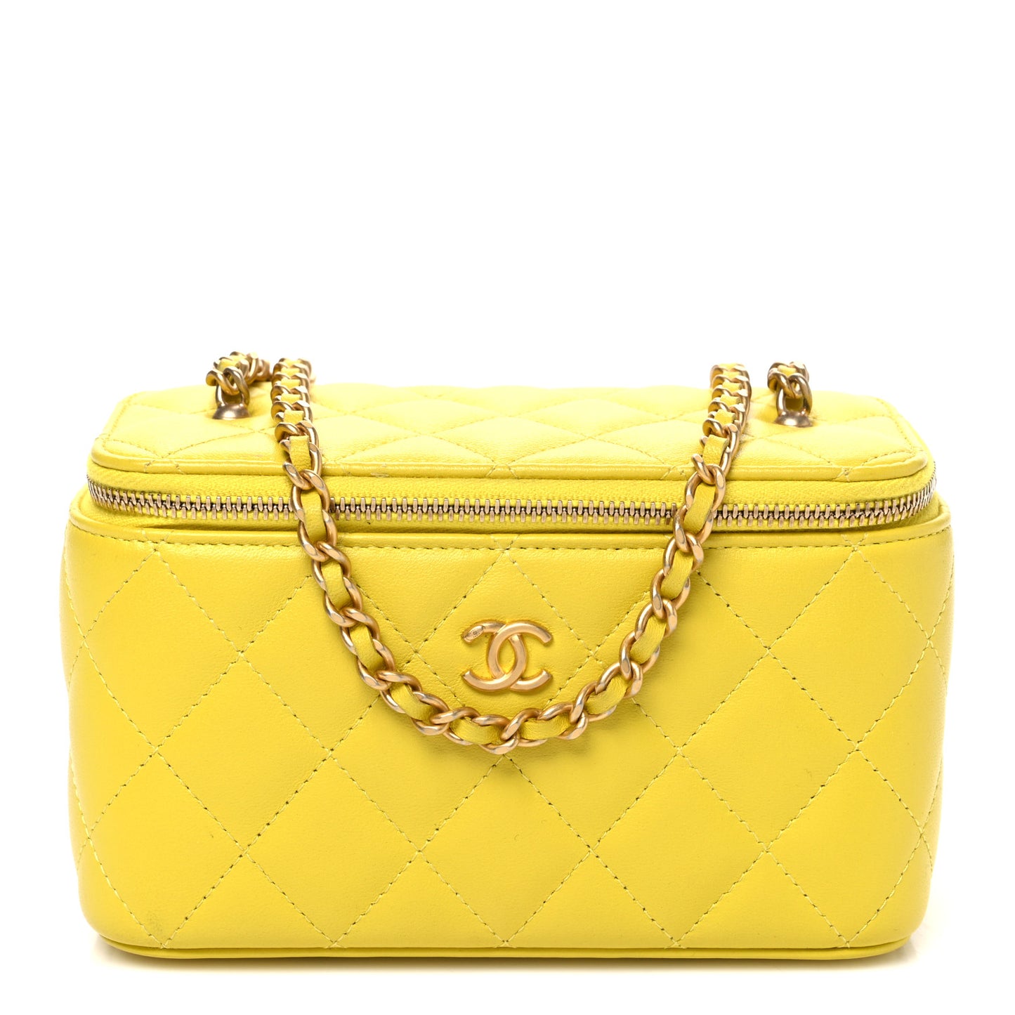 Lambskin Quilted Small Pearl Crush Vanity Case With Chain Yellow