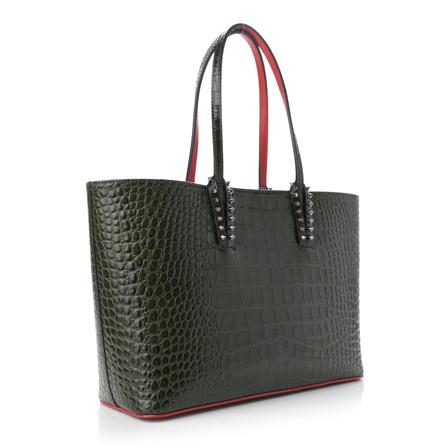 Christian Louboutin Calfskin Crocodile Embossed Spikes East West Cabata Tote Green 4 of 11