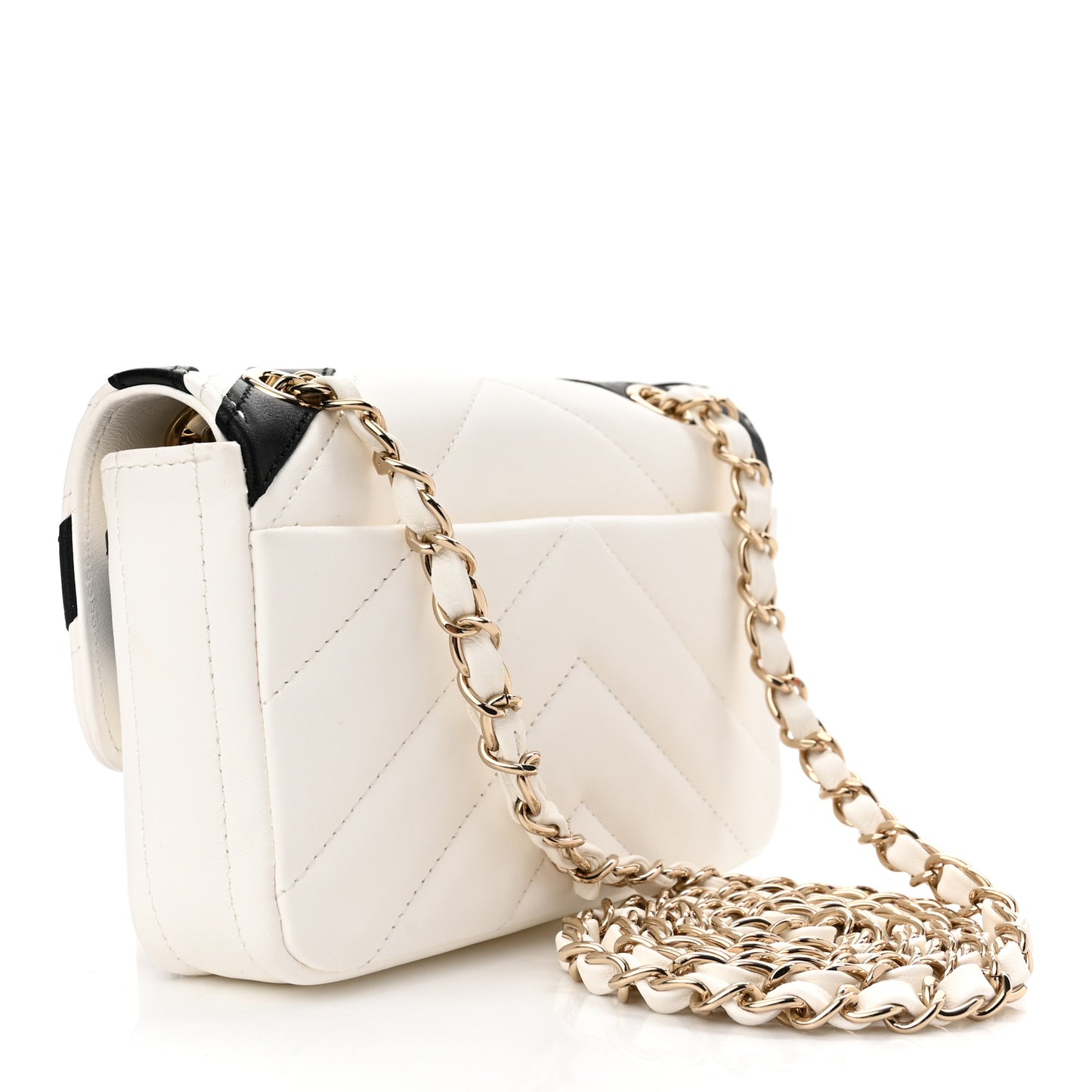 Lambskin Chevron Stitched Flap White Black