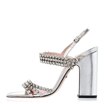 Gucci Nappa Silk Crystal Bertie High Heel Sandals 36.5 Argento 1 of 15
