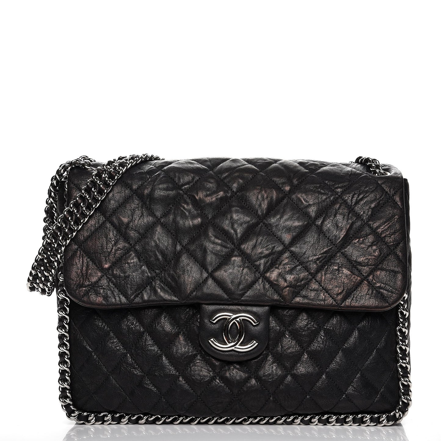 Washed Lambskin Quilted Maxi Chain Around Flap Black