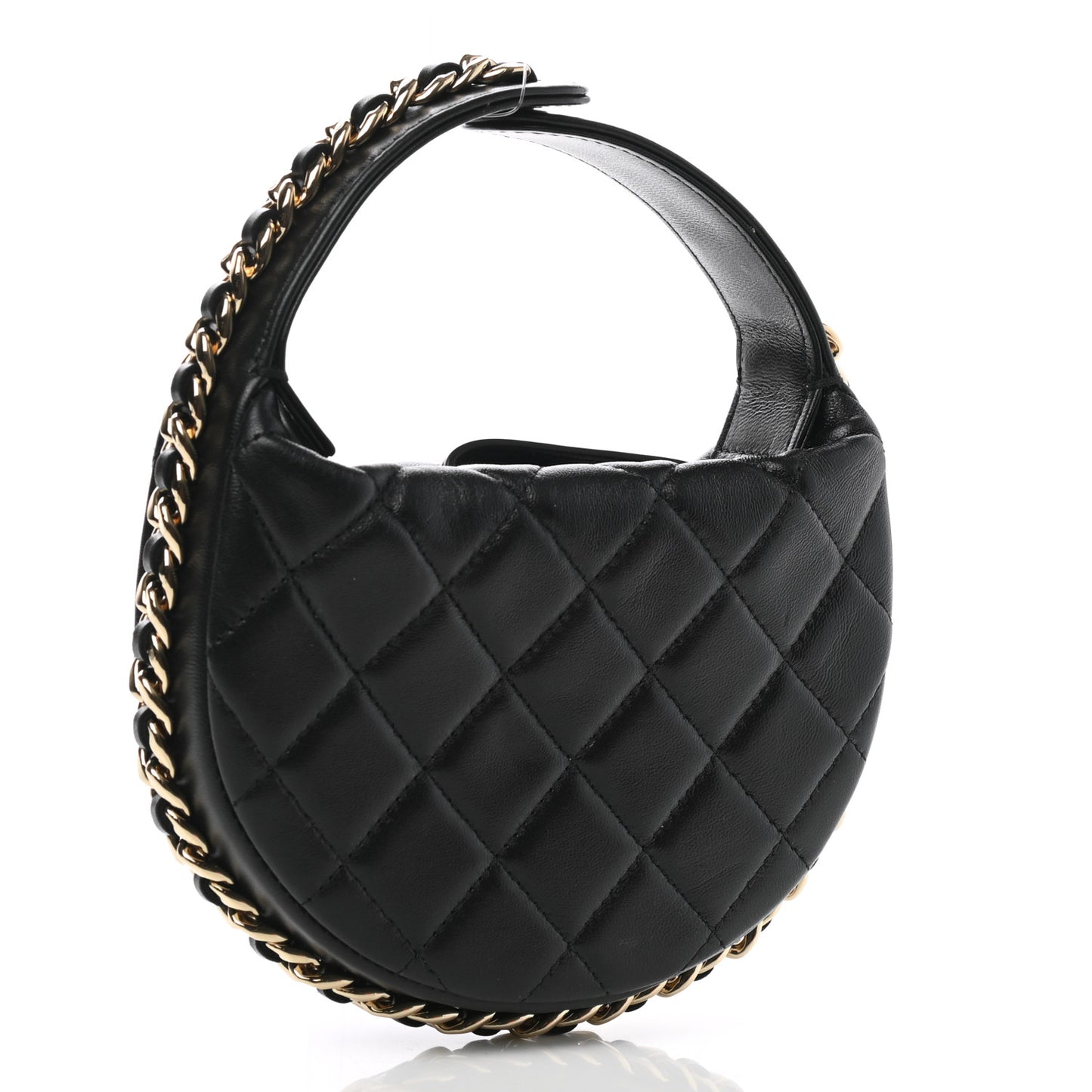 Lambskin Quilted Chain Around Pouch Hobo Black