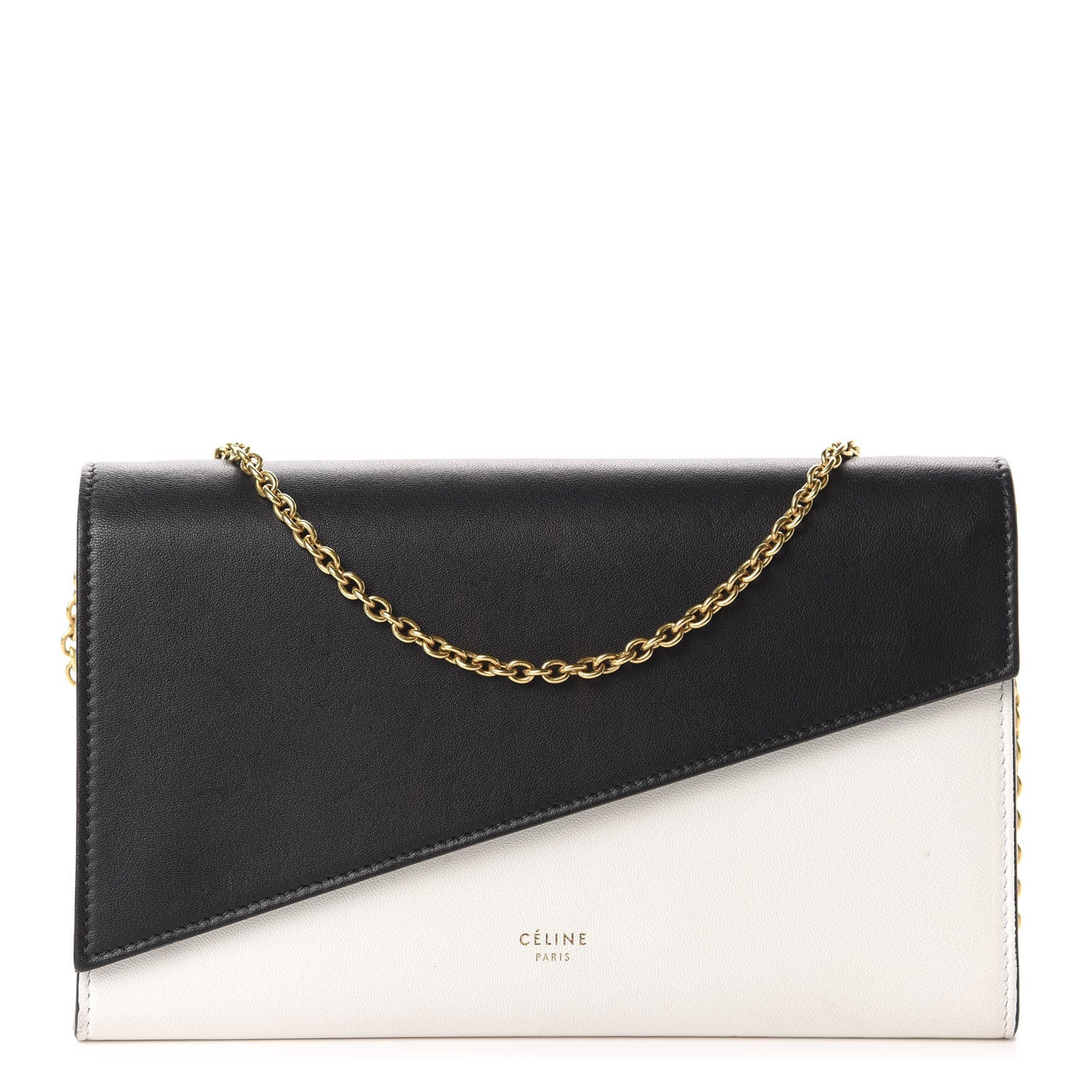 Celine Lambskin Large Diagonal Flap On Chain Black White 1 of 9