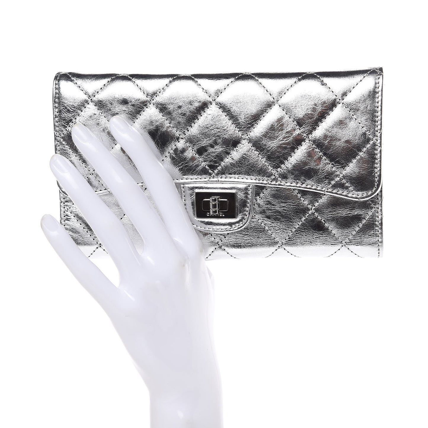 Metallic Aged Calfskin Quilted Reissue Long Flap Wallet Light Silver