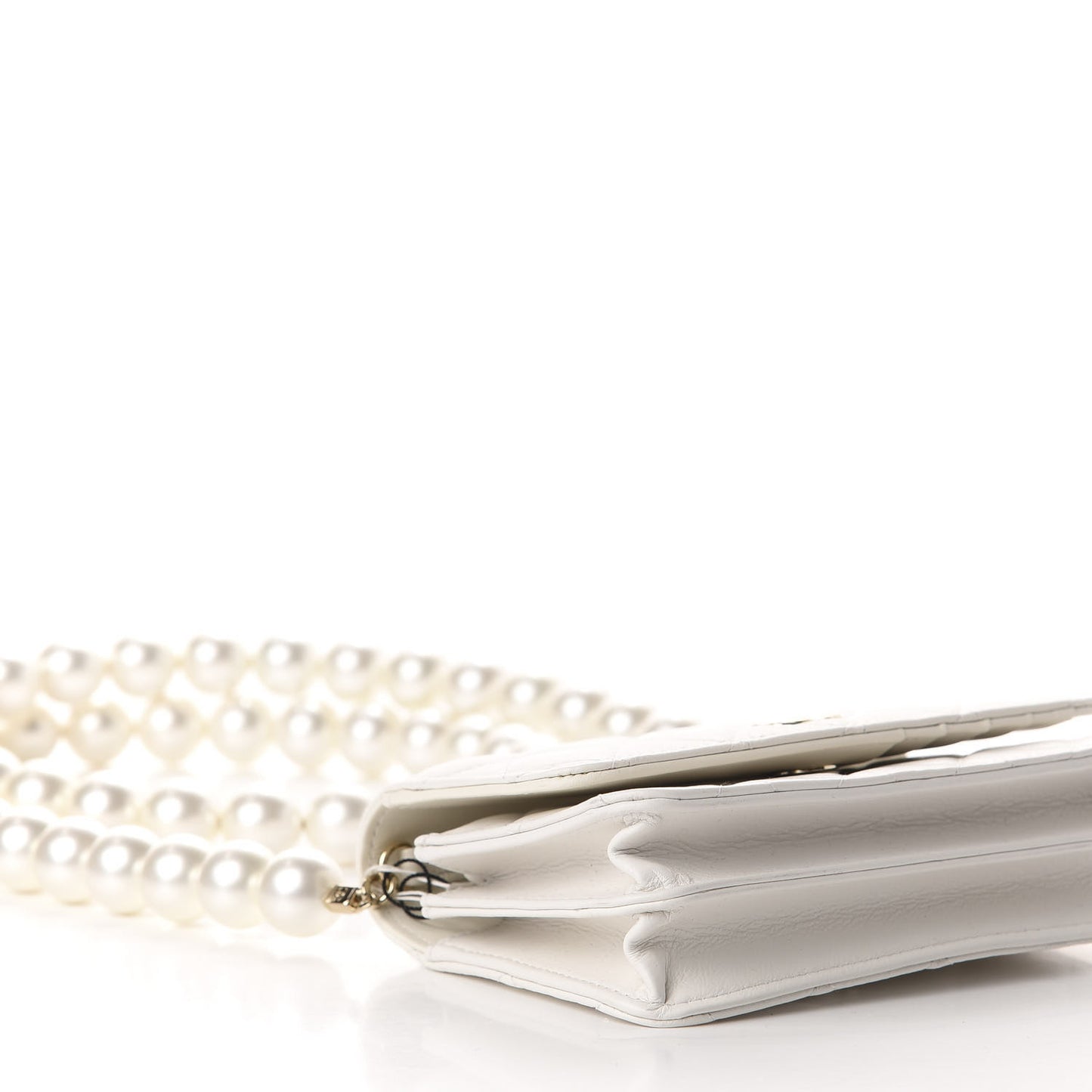 Calfskin Quilted CC Pearl Mini Wallet On Chain Flap White