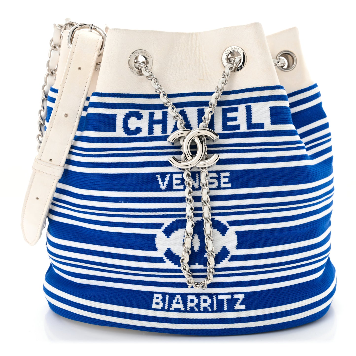 Mixed Fibers Lambskin Venise Biarritz Drawstring Bucket Bag Blue White