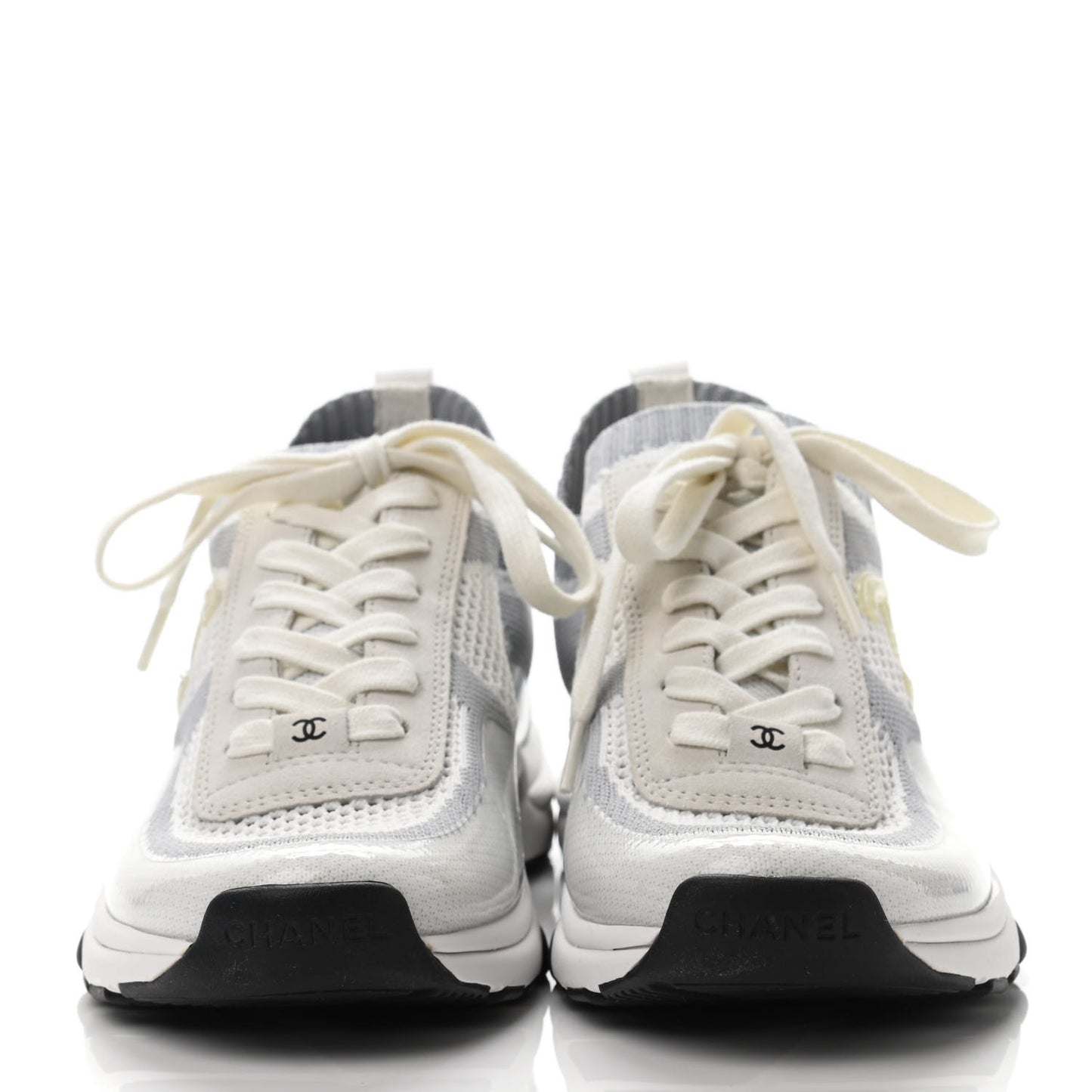 Fabric Suede Calfskin Stretch CC Sneakers 38.5 White Grey