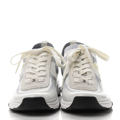 Chanel Fabric Suede Calfskin Stretch CC Sneakers 38.5 White Grey 2 of 4