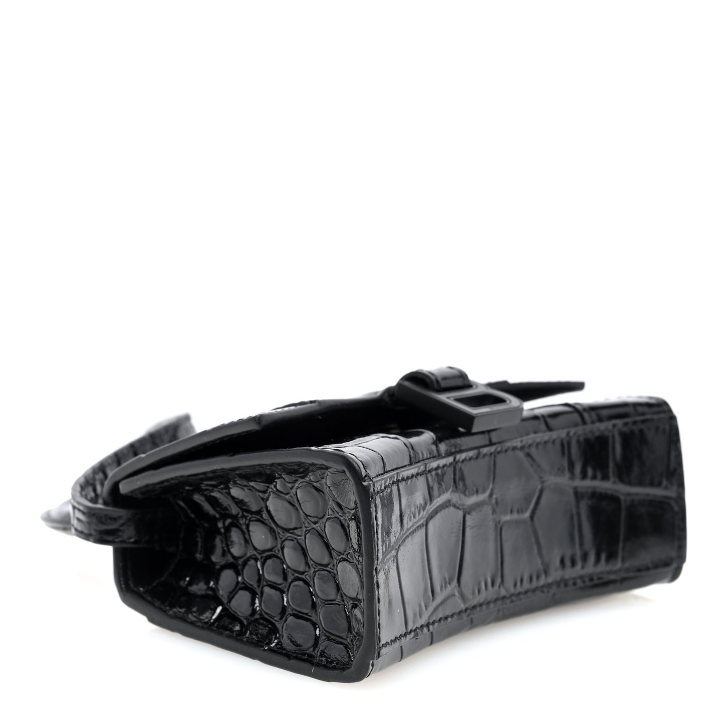 Shiny Calfskin Monochrome Crocodile Embossed Hourglass Top Handle Bag Mini Black