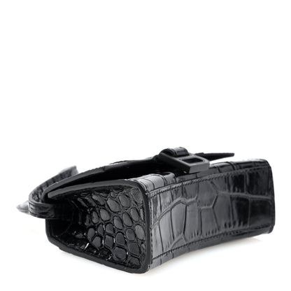 Balenciaga Shiny Calfskin Monochrome Crocodile Embossed Hourglass Top Handle Bag Mini Black 4 of 9