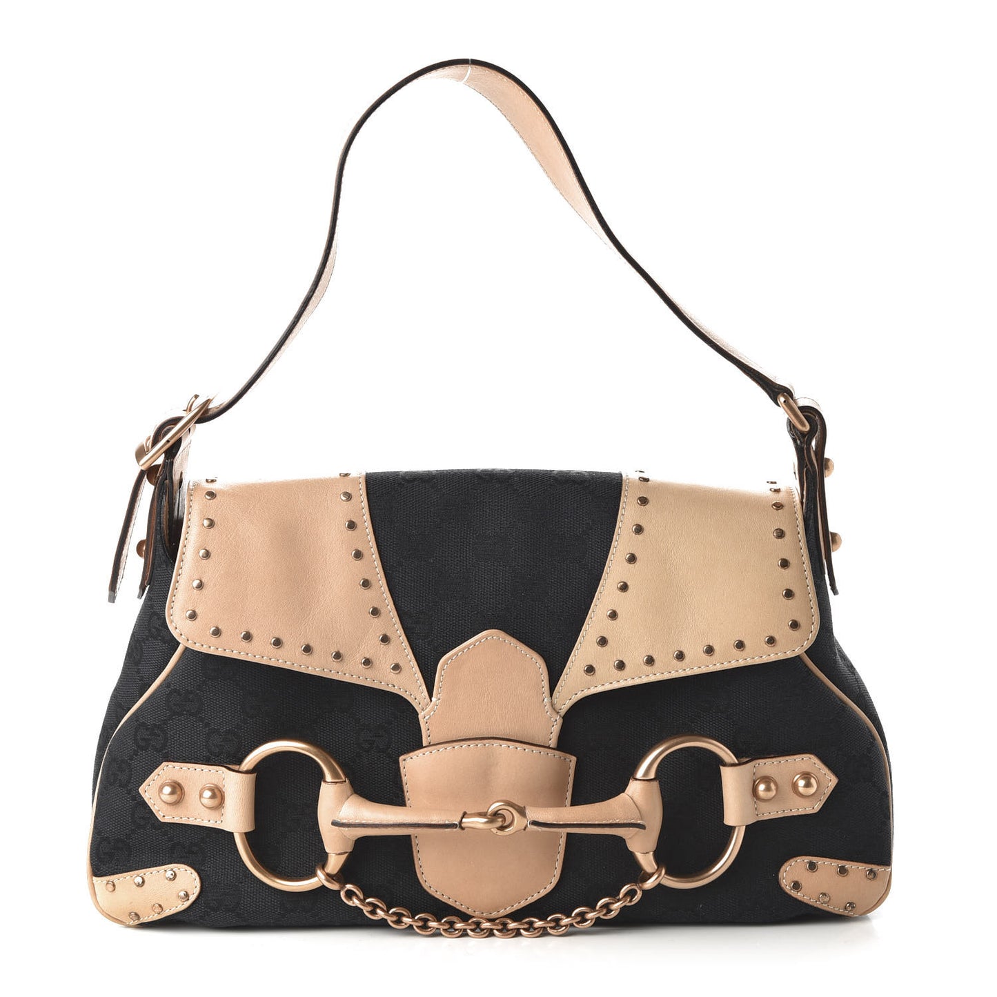 Monogram Horsebit Chain Studded Flap Shoulder Bag Black