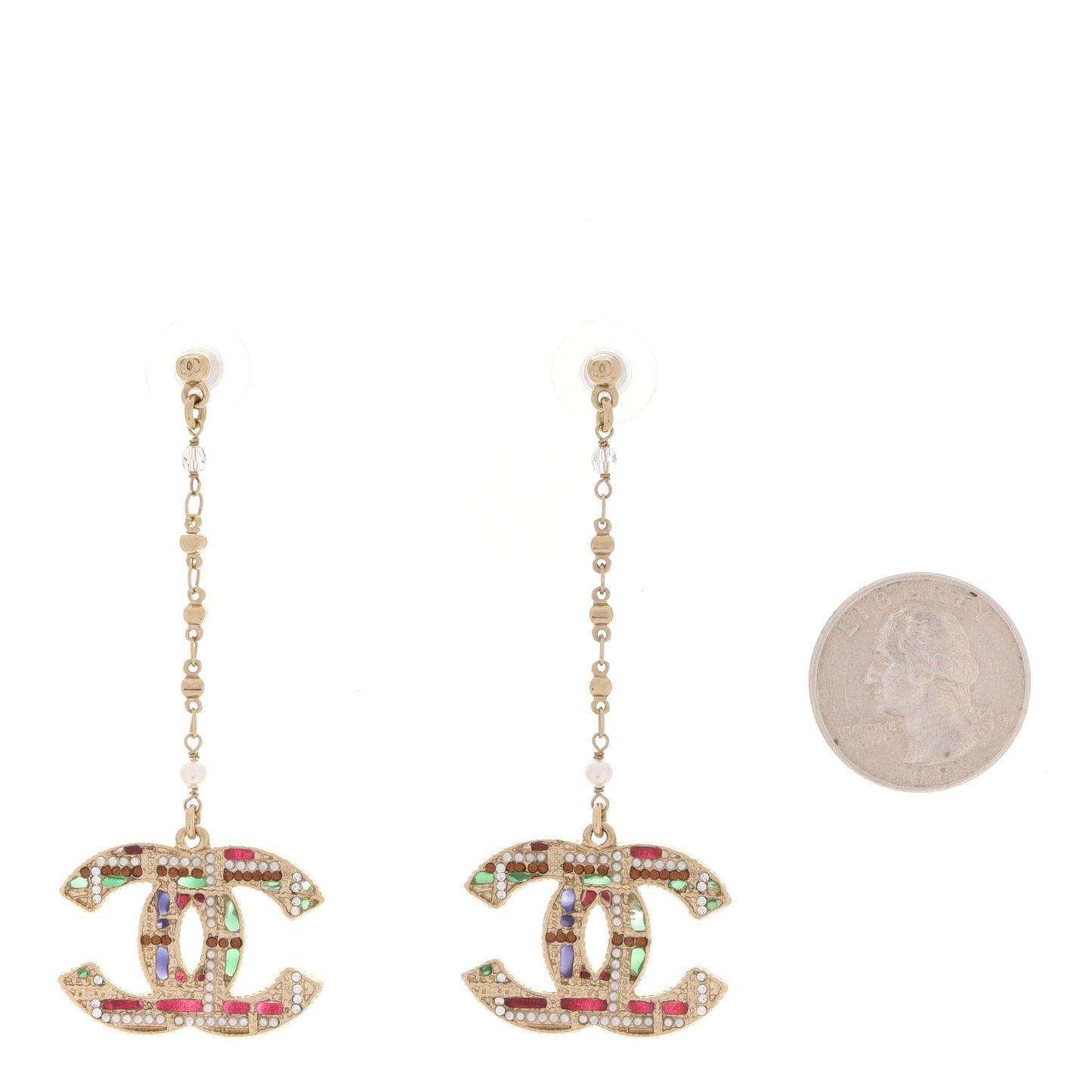 Pearl Crystal CC Tweed Drop Earrings Gold Brown Green
