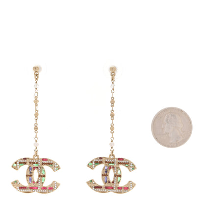 Chanel Pearl Crystal CC Tweed Drop Earrings Gold Brown Green 2 of 5
