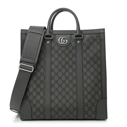 GG Supreme Monogram Textured Dollar Calfskin Medium Ophidia Tote Grey Black Graphite Grey