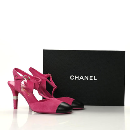 Chanel Suede Lambskin Cap Toe Crystal Slingback Pumps 37 Fuchsia Black 9 of 9