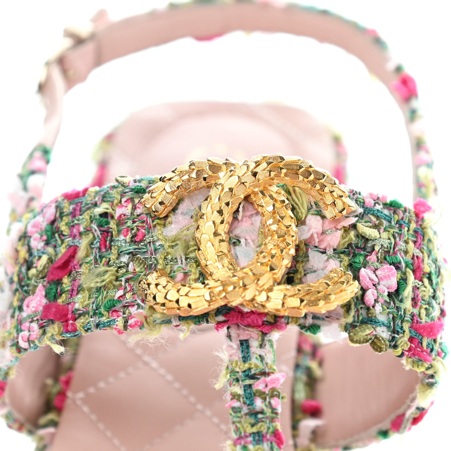 Tweed CC Logo Thong Sandals 37.5 Green Pink White