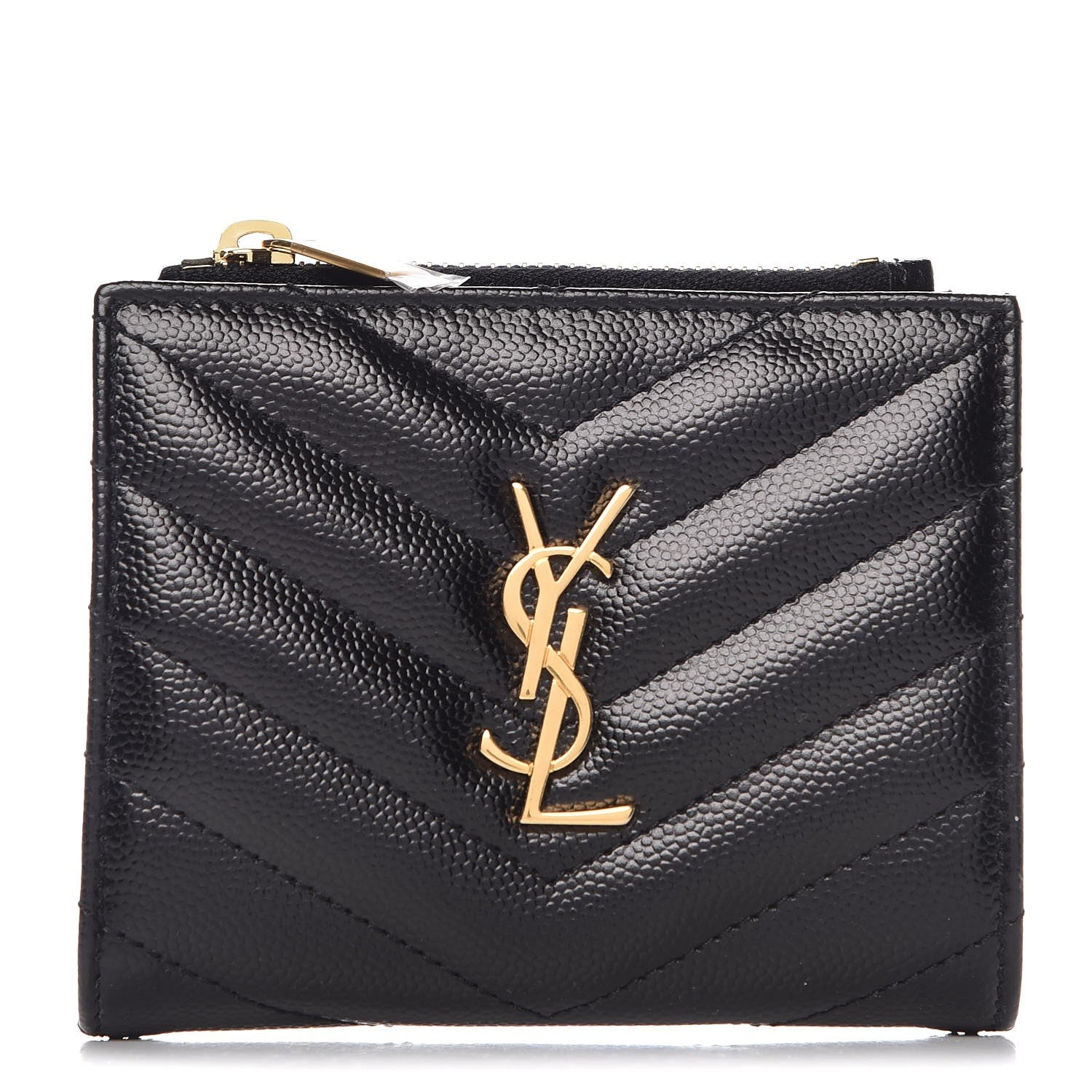 Saint Laurent Grain De Poudre Matelasse Chevron Monogram Zipped Card Case Black 1 of 7