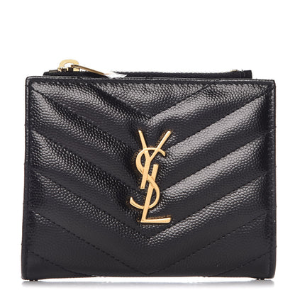 Saint Laurent Grain De Poudre Matelasse Chevron Monogram Zipped Card Case Black 1 of 7