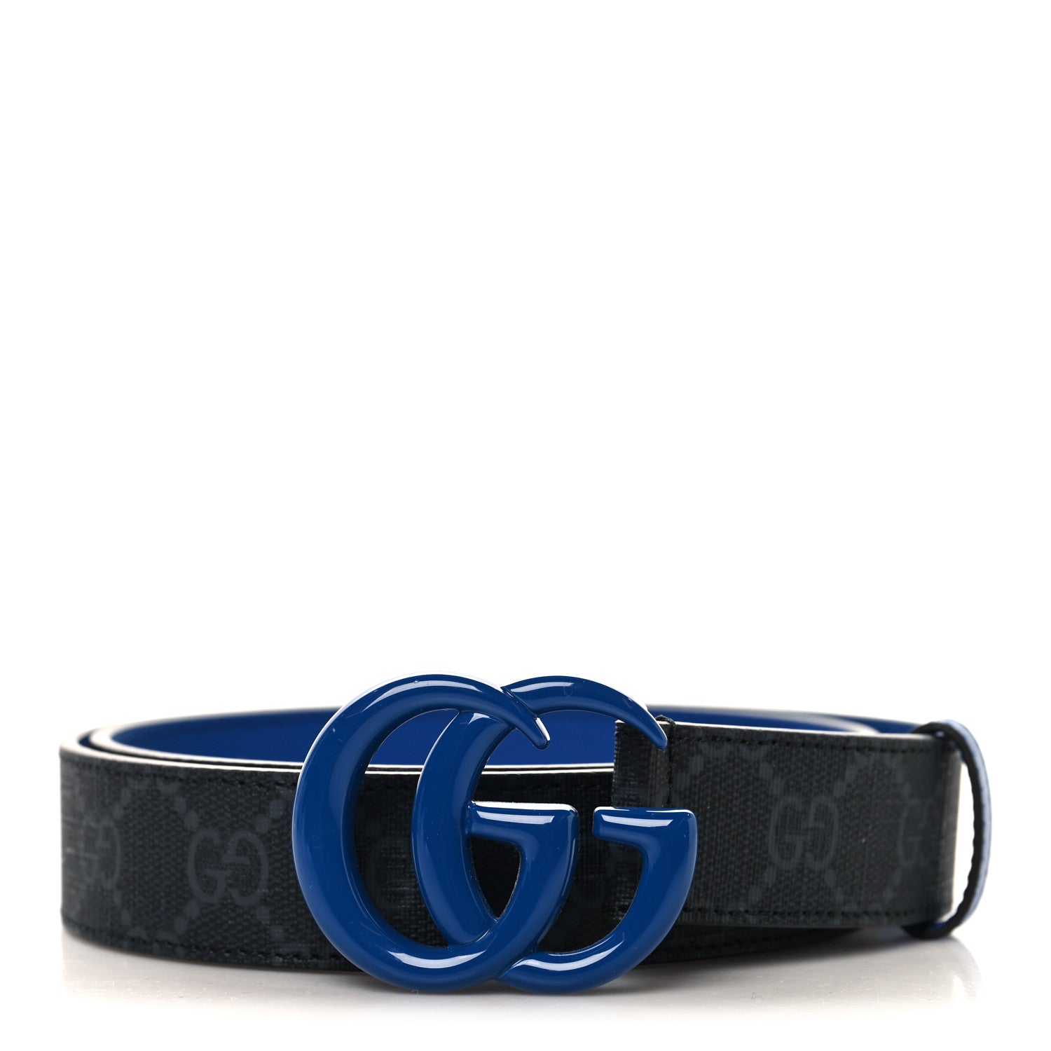 Gucci GG Supreme Monogram Plutone Calfskin Enamel Double G 30mm Belt 80 32 Black Metal Blue 1 of 5